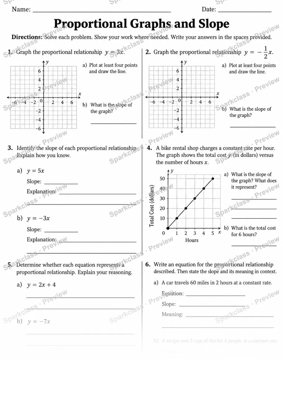 8.EE.B.5 · Graph proportional relationships, interpret slope — Grade 8 worksheet preview