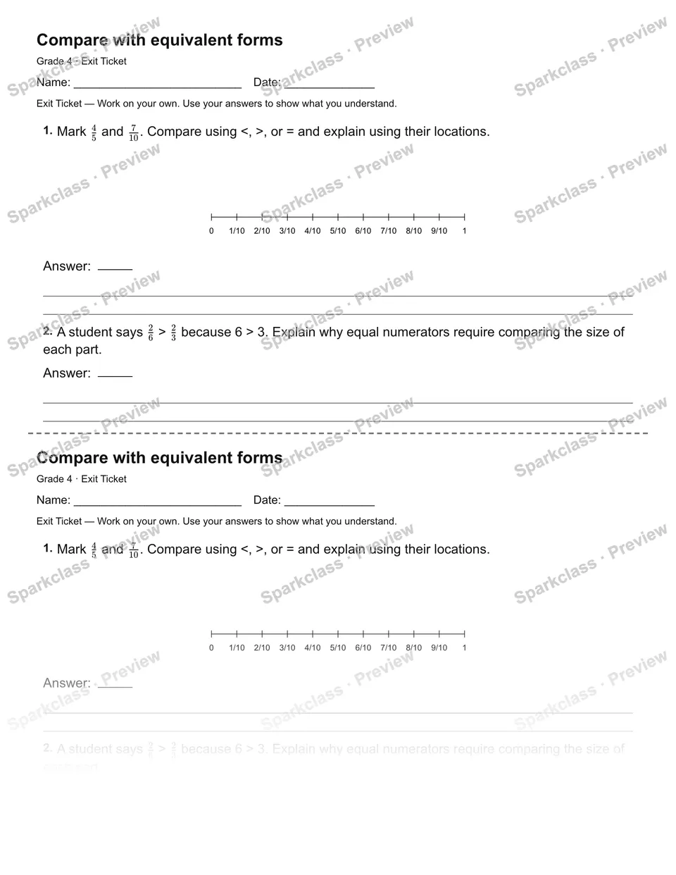 Compare with equivalent forms — Exit Ticket — Grade 4 worksheet preview