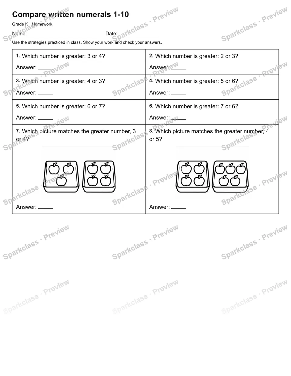 Compare written numerals 1-10 — Homework — Kindergarten worksheet preview