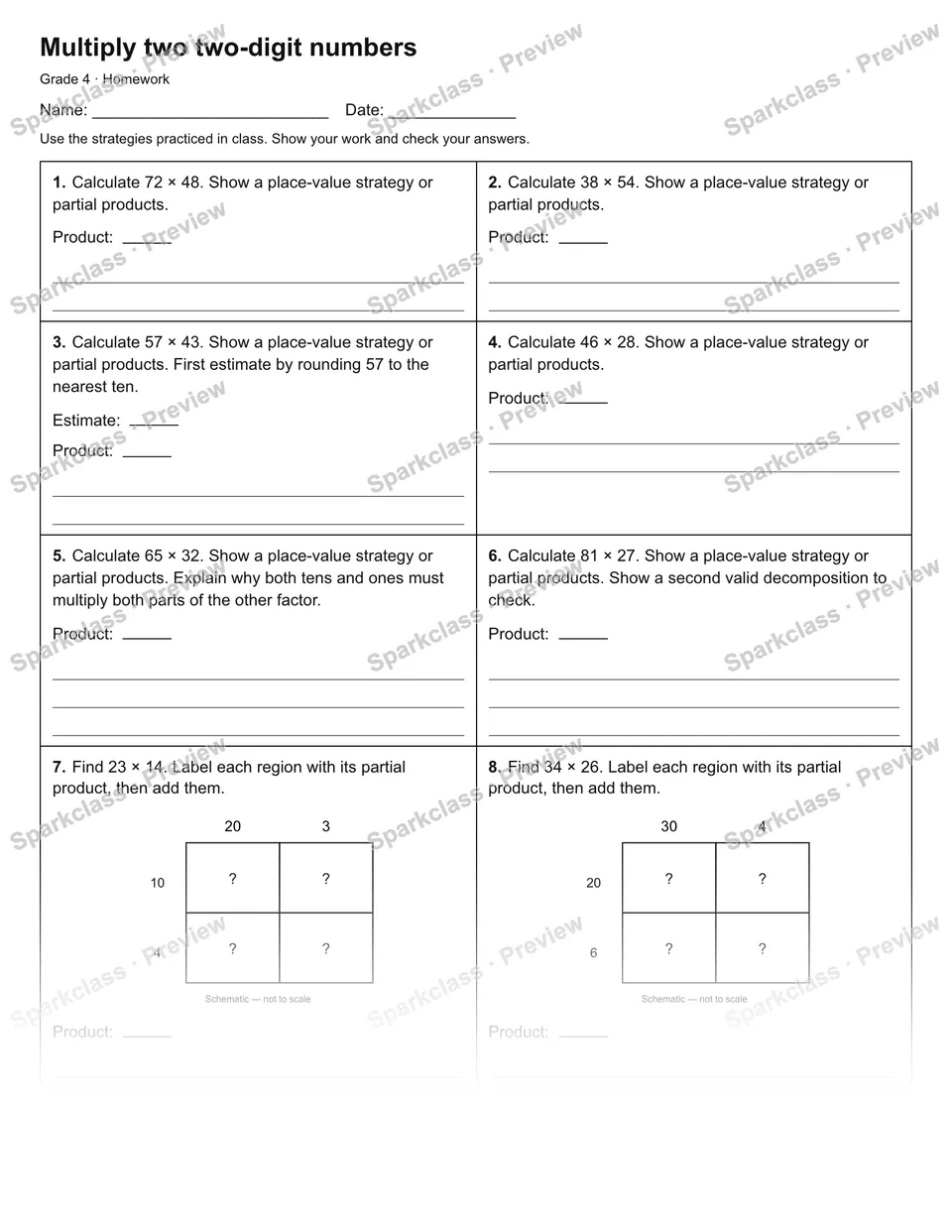 Multiply two two-digit numbers — Homework — Grade 4 worksheet preview