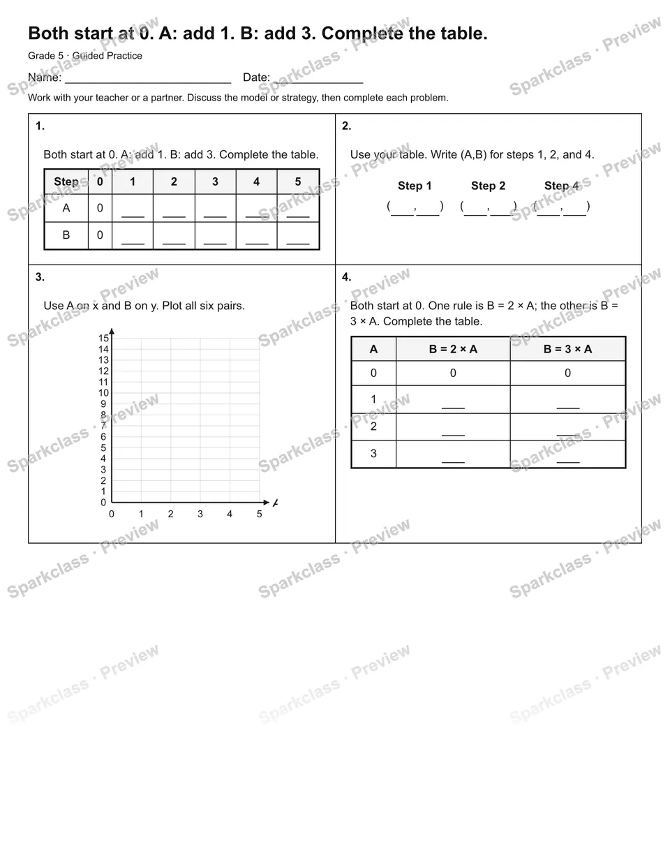 Both start at 0. A: add 1. B: add 3. Complete the table. — Guided Practice — Grade 5 worksheet preview