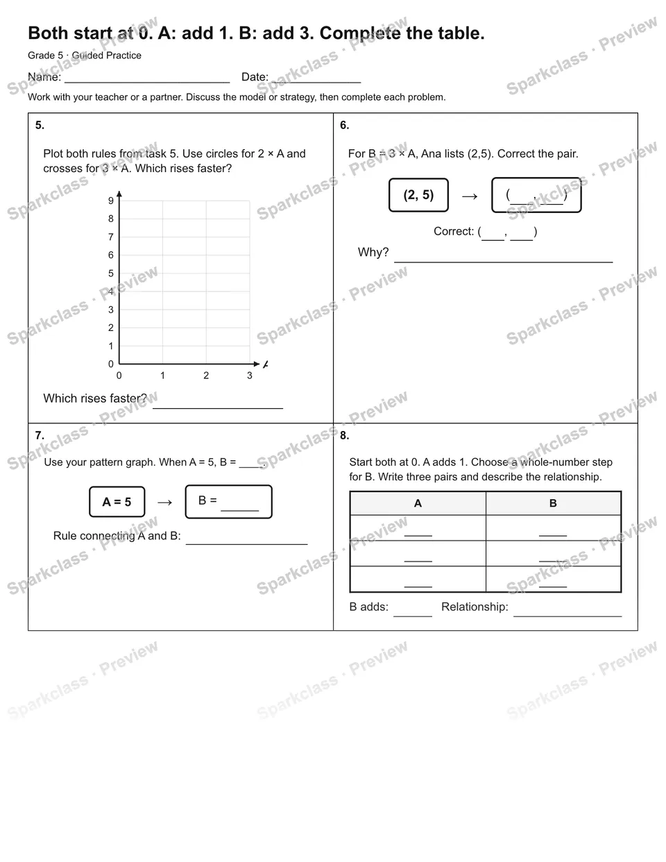 Both start at 0. A: add 1. B: add 3. Complete the table. — Guided Practice — page 2