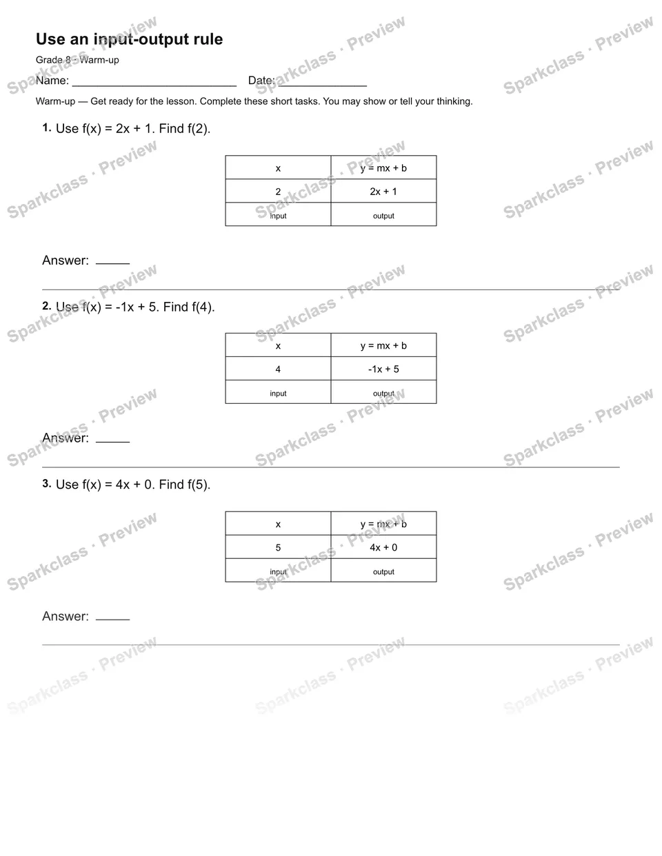 Use an input-output rule — Warm-up — Grade 8 worksheet preview
