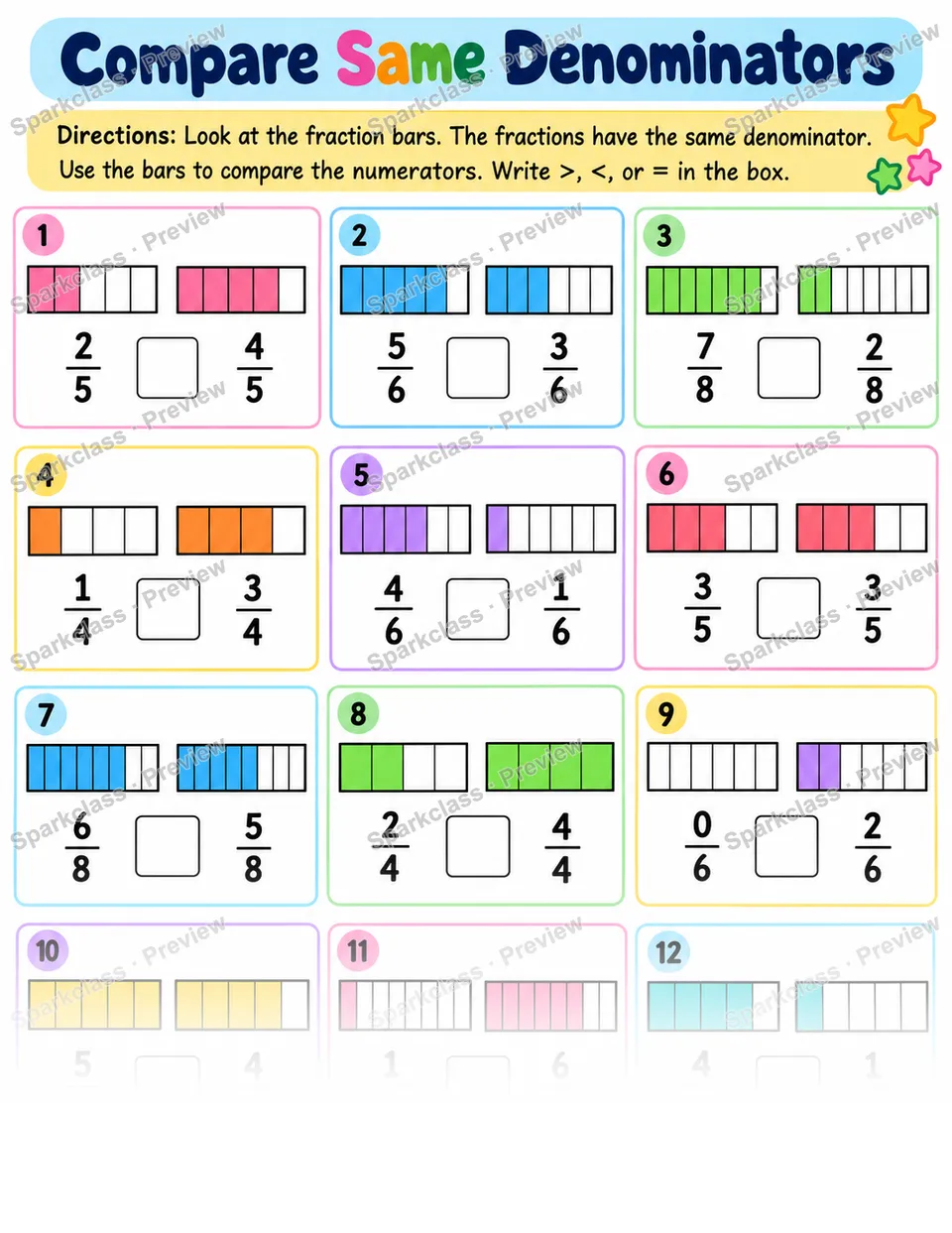 Same Denominator Compare — Grade 3 worksheet preview