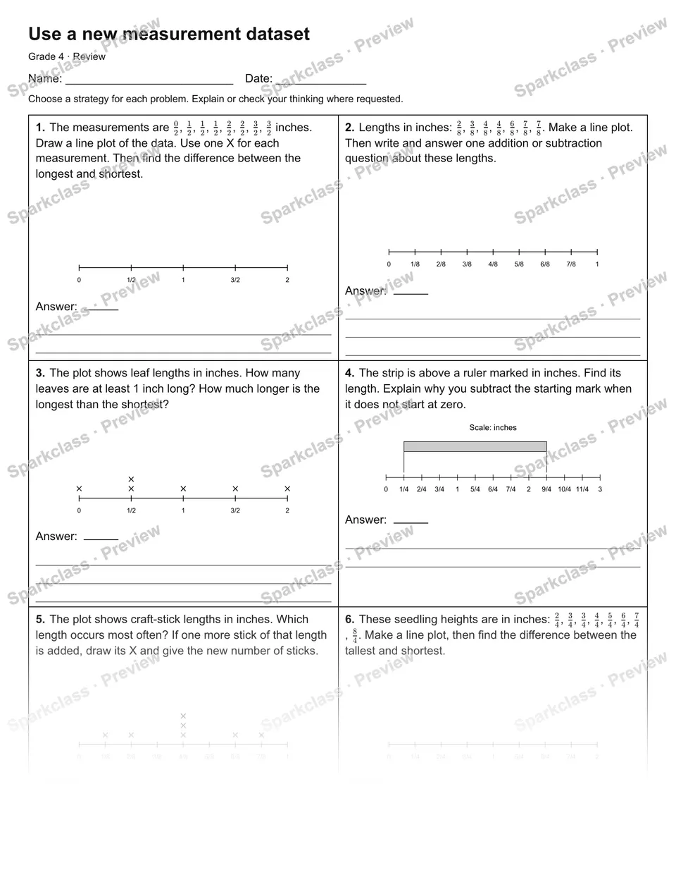 Use a new measurement dataset — Review — Grade 4 worksheet preview