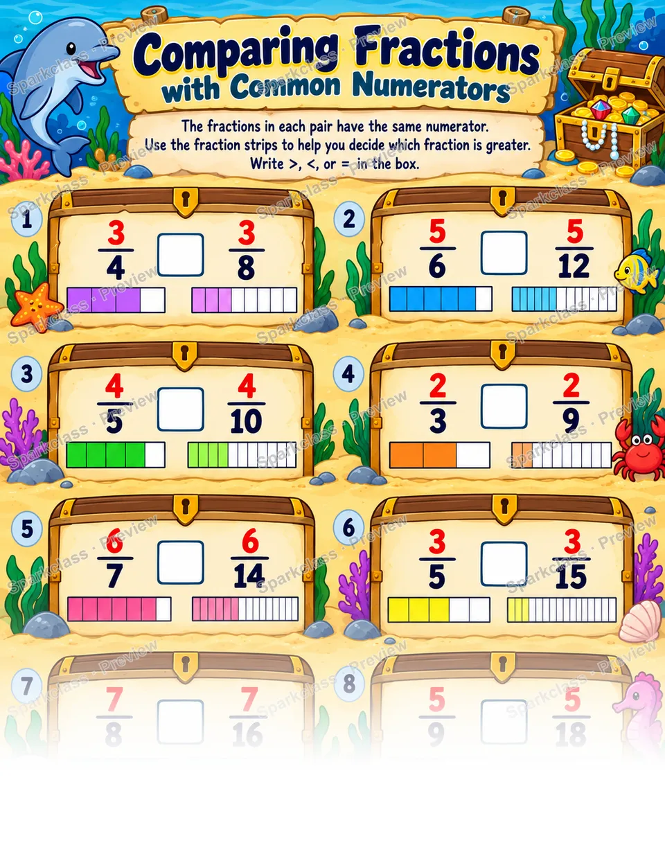 Compare Fractions With Common Numerators — Grade 4 worksheet preview