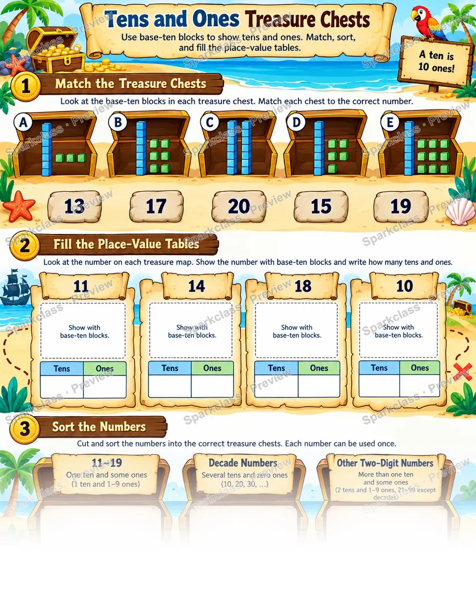 Tens And Ones Treasure Chests — Grade 1 worksheet preview