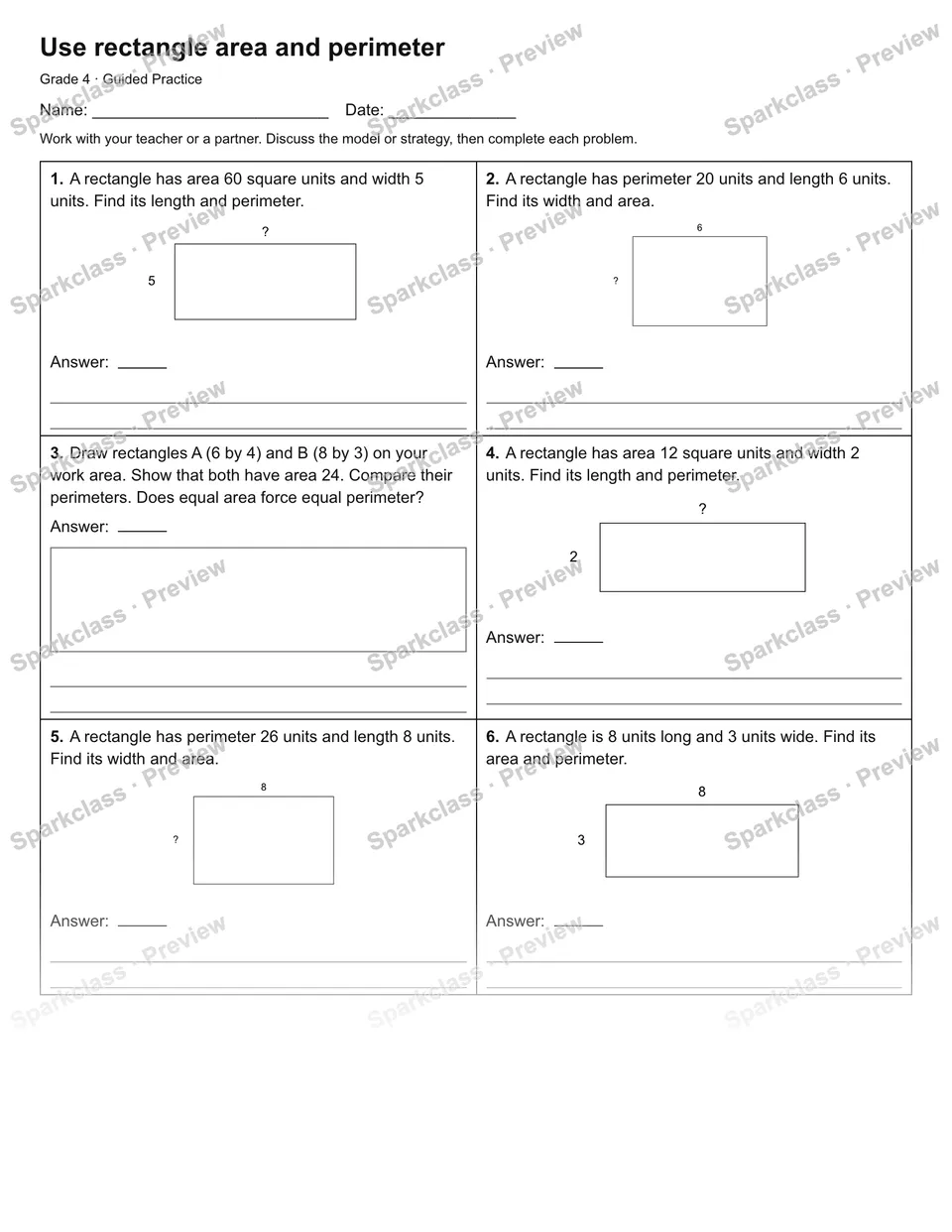 Use rectangle area and perimeter — Guided Practice — Grade 4 worksheet preview