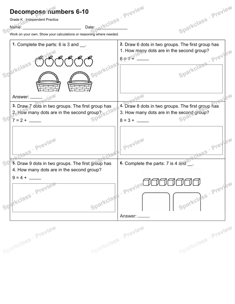 Decompose numbers 6-10 — Independent Practice — Kindergarten worksheet preview