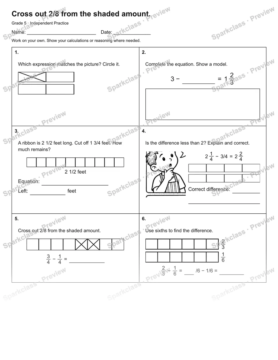 Cross out 2/8 from the shaded amount. — Independent Practice — Grade 5 worksheet preview