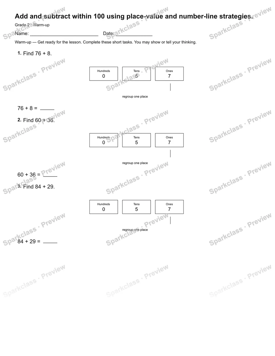 Add and subtract within 100 using place-value and number-line strategies. — Warm-up — page 2
