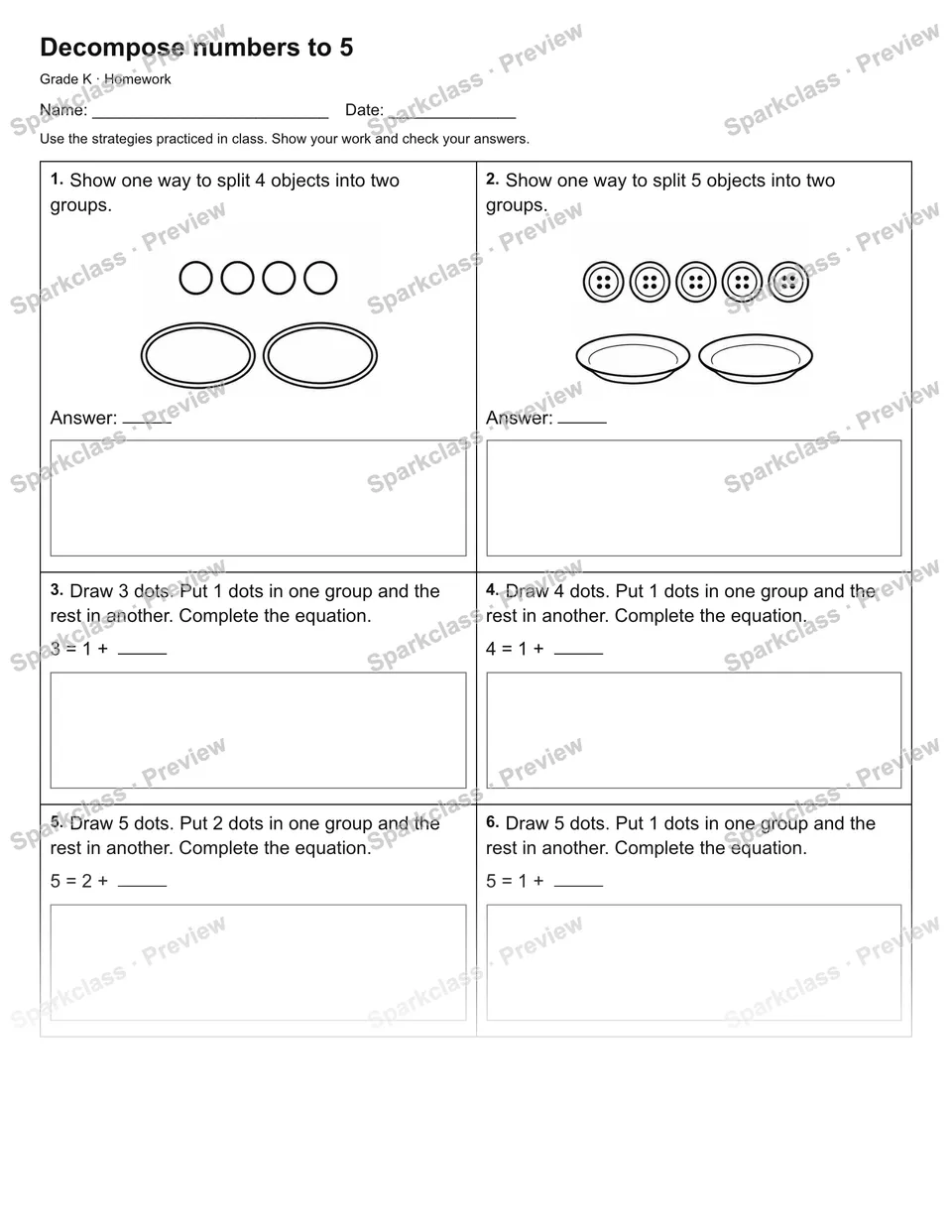 Decompose numbers to 5 — Homework — Kindergarten worksheet preview