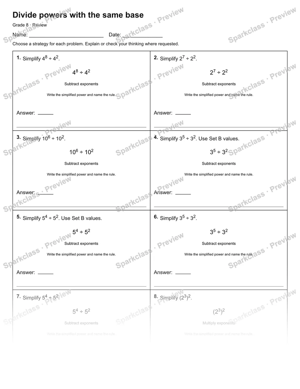 Divide powers with the same base — Review — Grade 8 worksheet preview