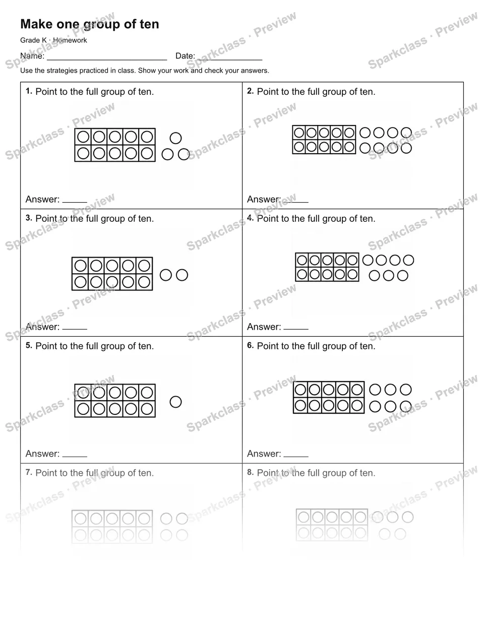 Make one group of ten — Homework — Kindergarten worksheet preview