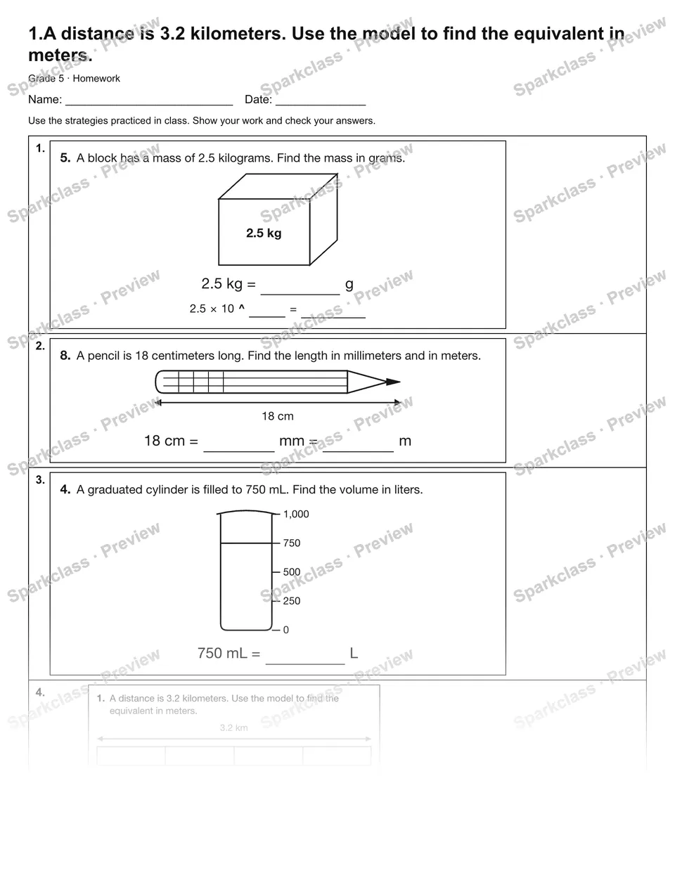 1.A distance is 3.2 kilometers. Use the model to find the equivalent in meters. — Homework — Grade 5 worksheet preview