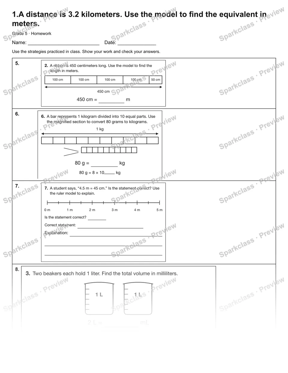 1.A distance is 3.2 kilometers. Use the model to find the equivalent in meters. — Homework — page 2