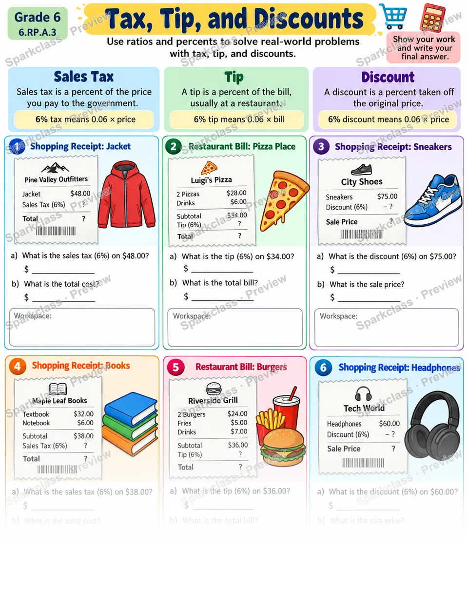 Tax Tip Discount — Grade 6 worksheet preview
