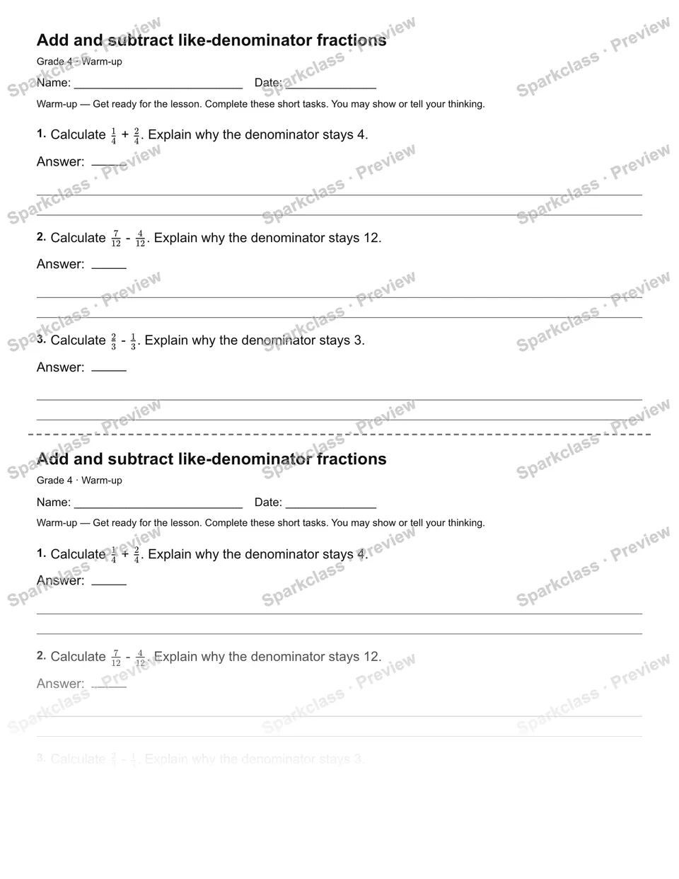 Add and subtract like-denominator fractions — Warm-up — Grade 4 worksheet preview