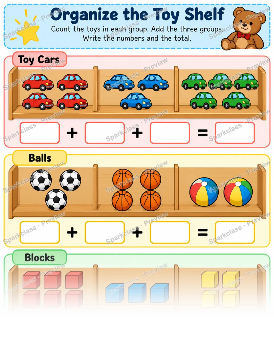 Toy Shelf Three Addends — Grade 1 worksheet preview