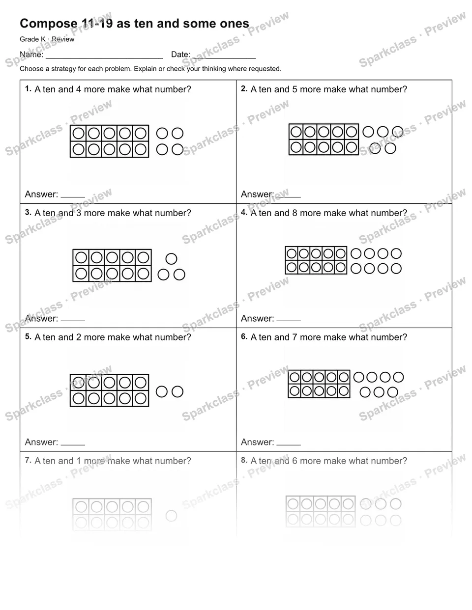 Compose 11-19 as ten and some ones — Review — Kindergarten worksheet preview
