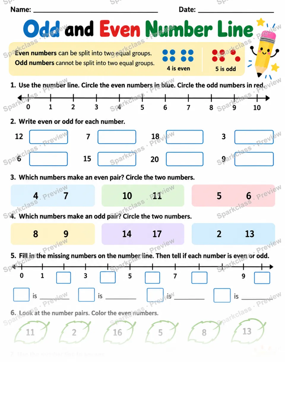 2.OA.C.3 · Odd Even Number Line — Grade 2 worksheet preview