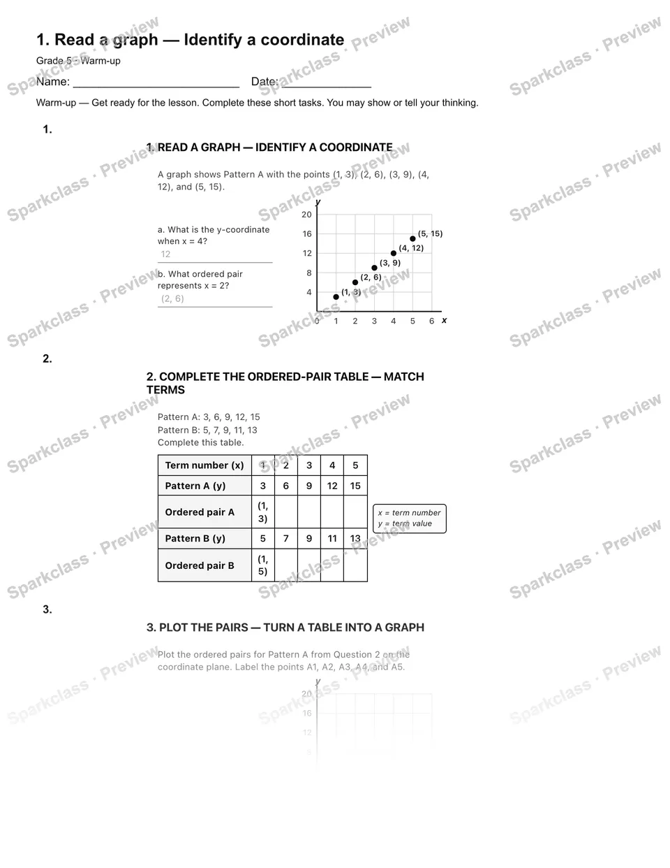 1. Read a graph — Identify a coordinate — Warm-up — Grade 5 worksheet preview