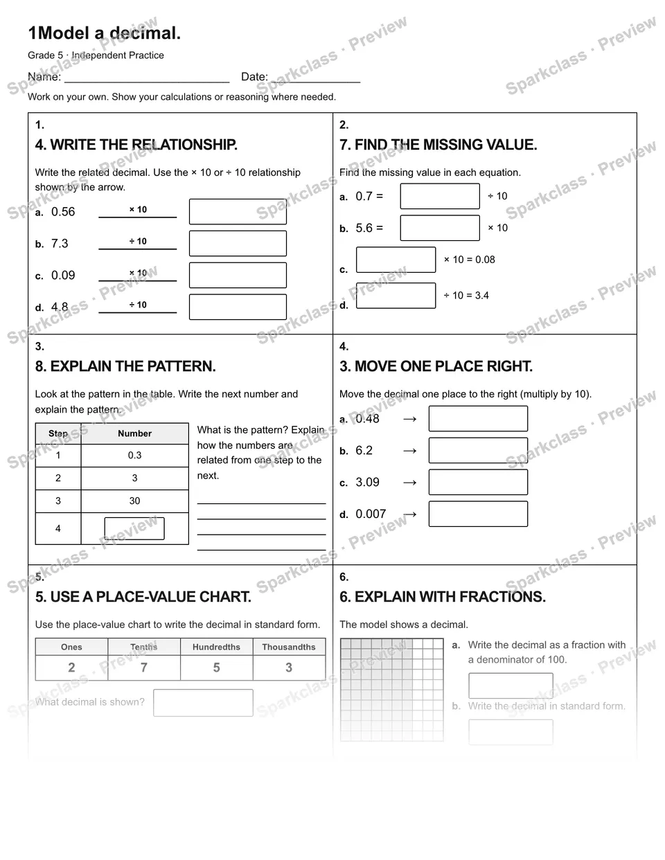 1Model a decimal. — Independent Practice — Grade 5 worksheet preview