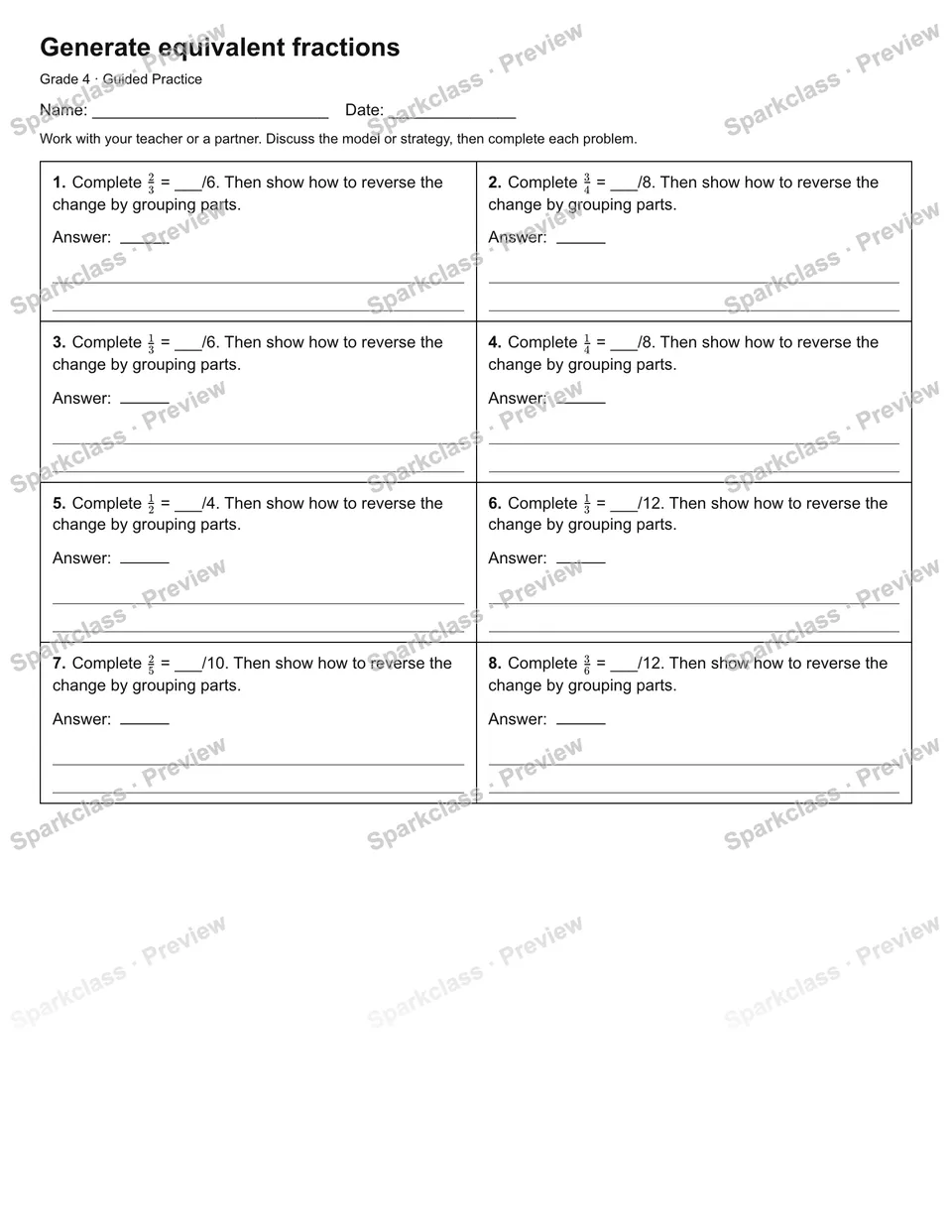 Generate equivalent fractions — Guided Practice — Grade 4 worksheet preview