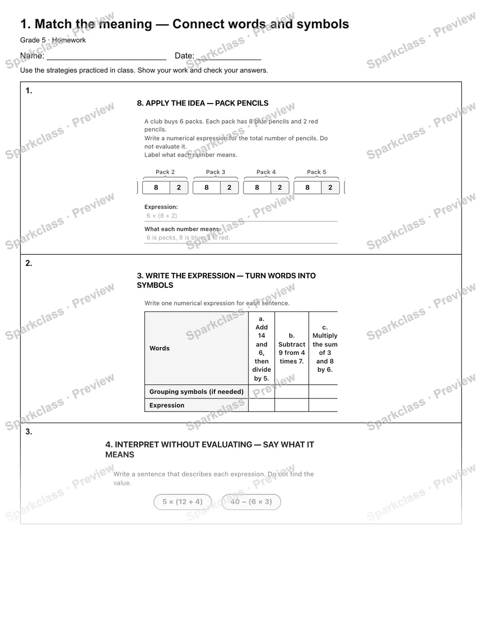 1. Match the meaning — Connect words and symbols — Homework — Grade 5 worksheet preview