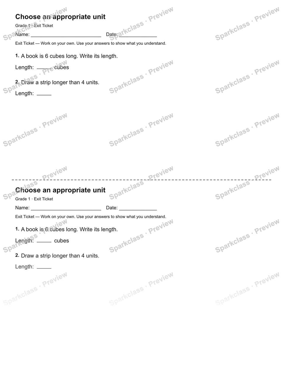Choose an appropriate unit — Exit Ticket — Grade 1 worksheet preview