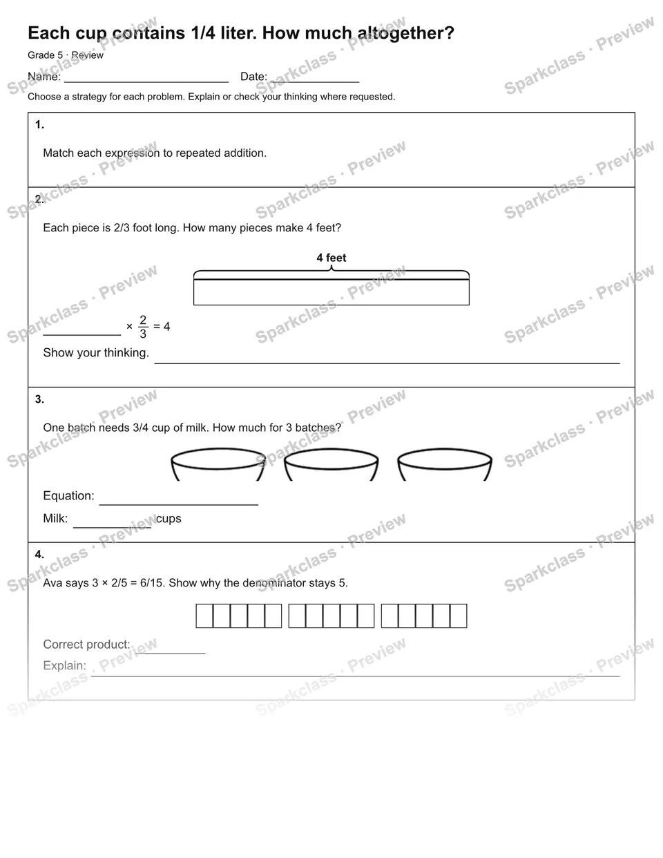 Each cup contains 1/4 liter. How much altogether? — Review — Grade 5 worksheet preview