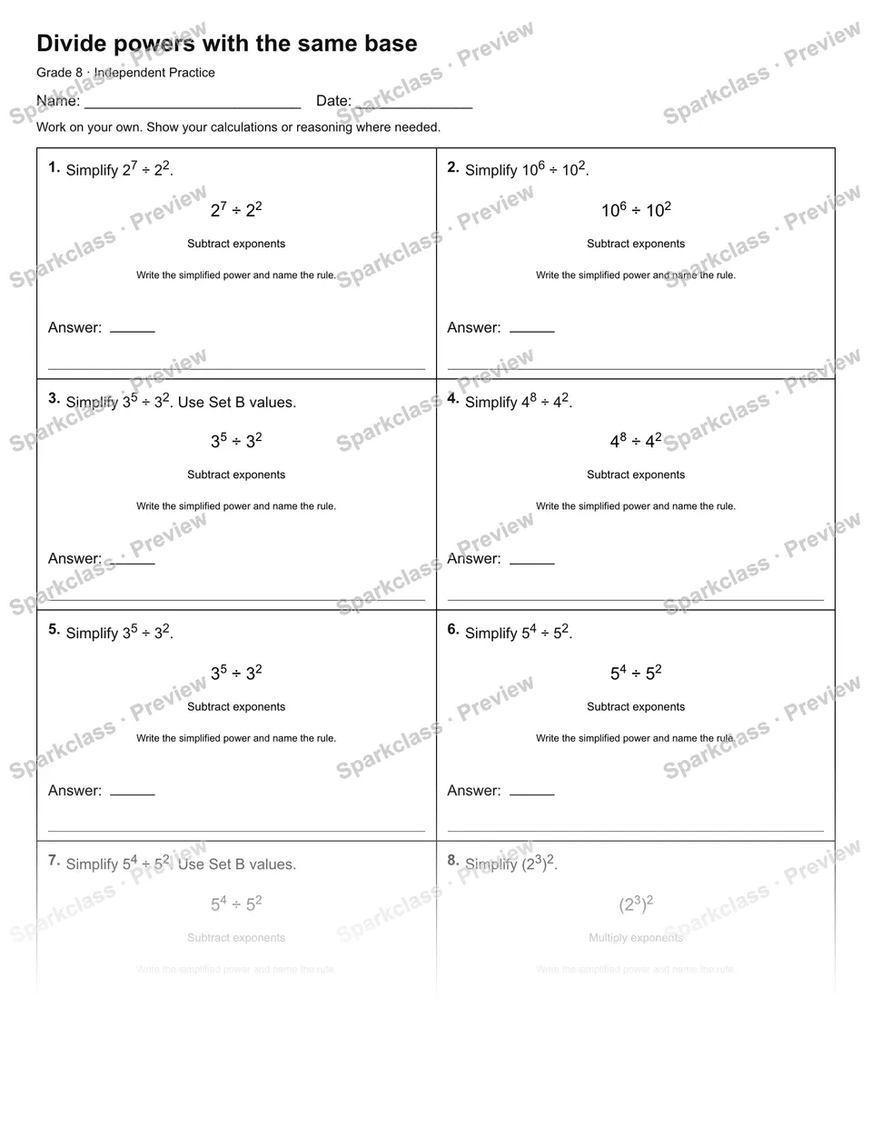 Divide powers with the same base — Independent Practice — Grade 8 worksheet preview