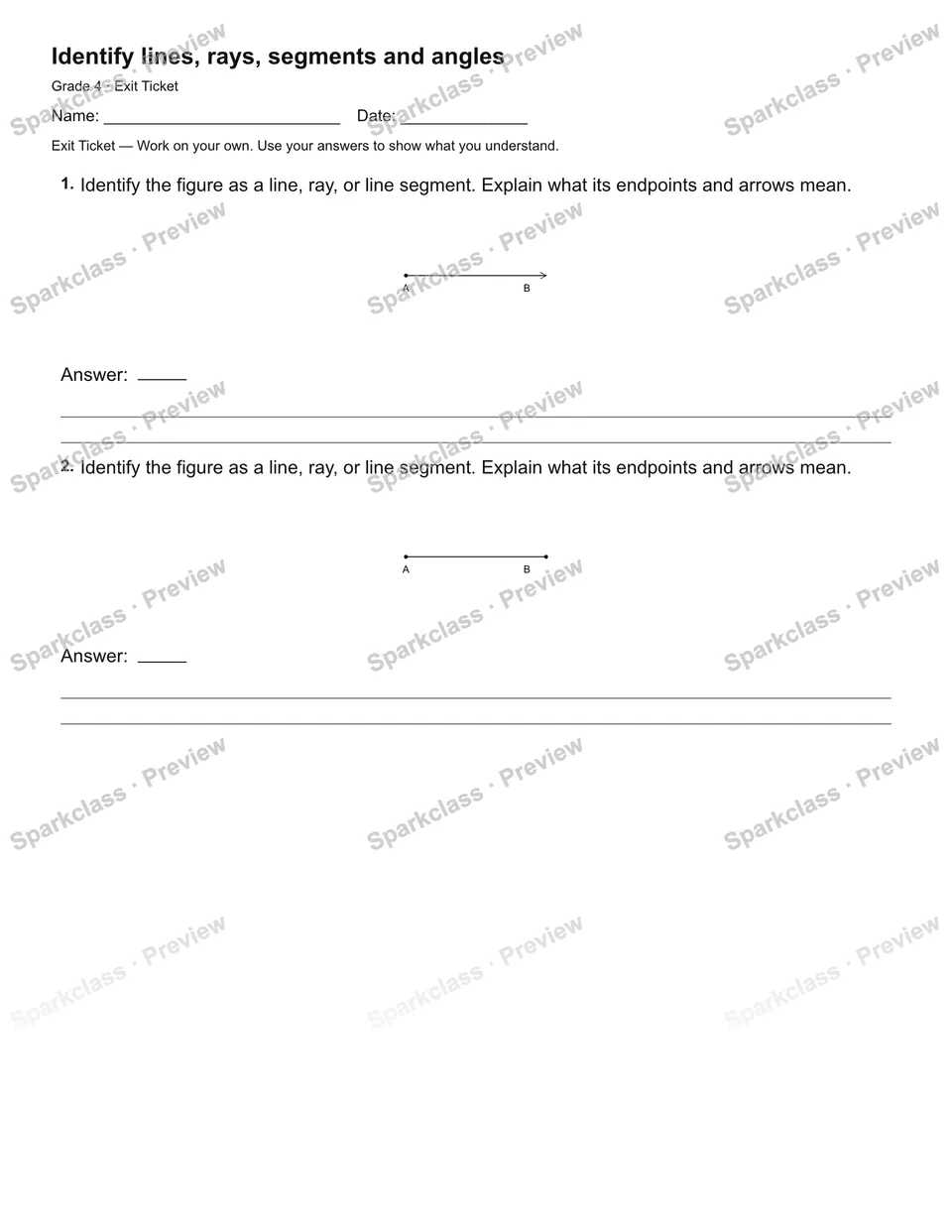 Identify lines, rays, segments and angles — Exit Ticket — Grade 4 worksheet preview