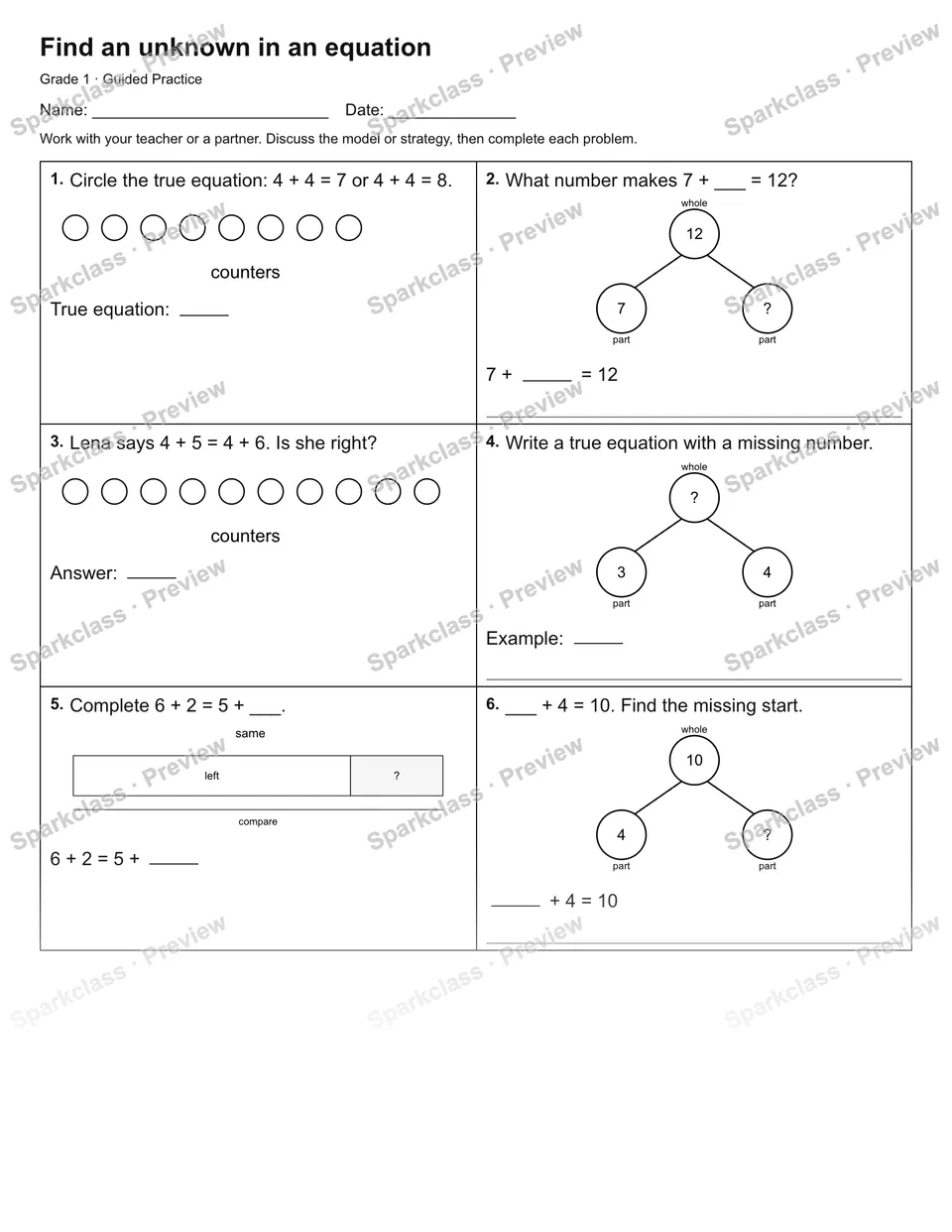 Find an unknown in an equation — Guided Practice — Grade 1 worksheet preview