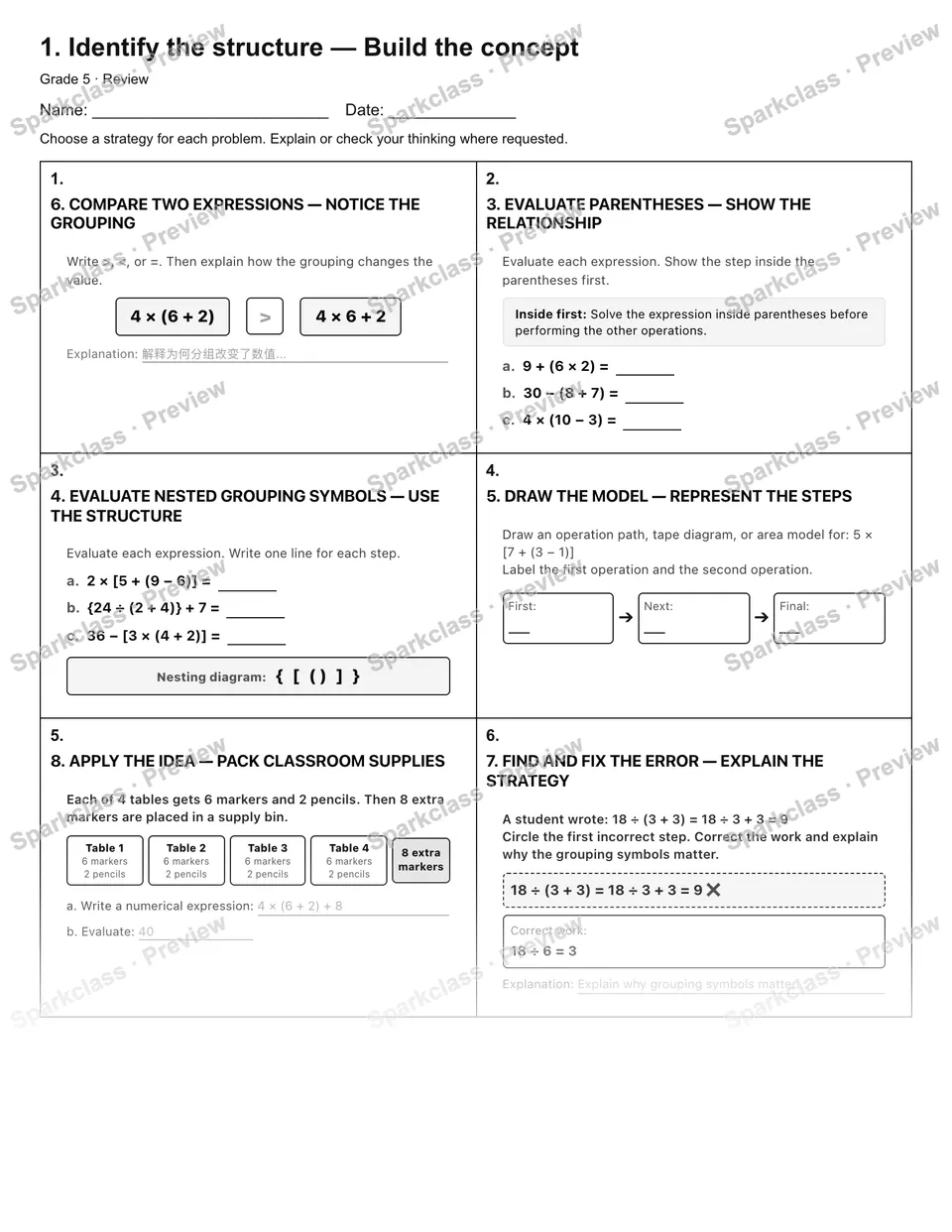 1. Identify the structure — Build the concept — Review — Grade 5 worksheet preview