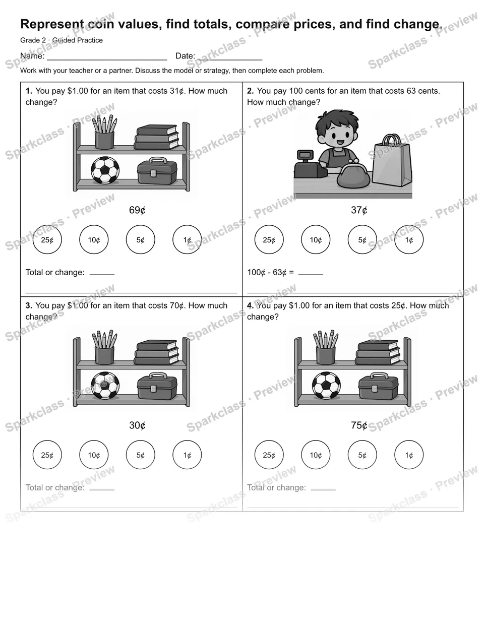 Represent coin values, find totals, compare prices, and find change. — Guided Practice — Grade 2 worksheet preview