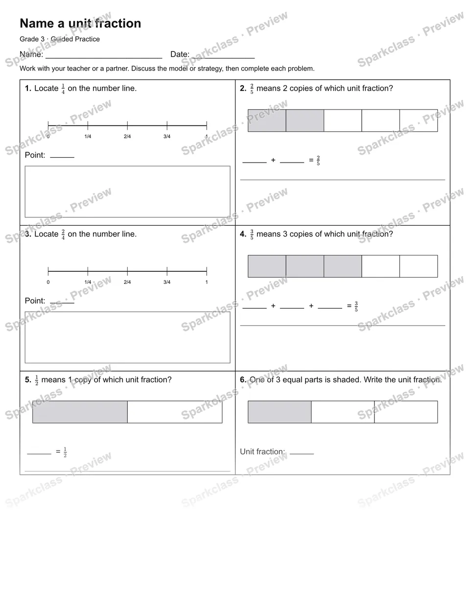 Name a unit fraction — Guided Practice — Grade 3 worksheet preview