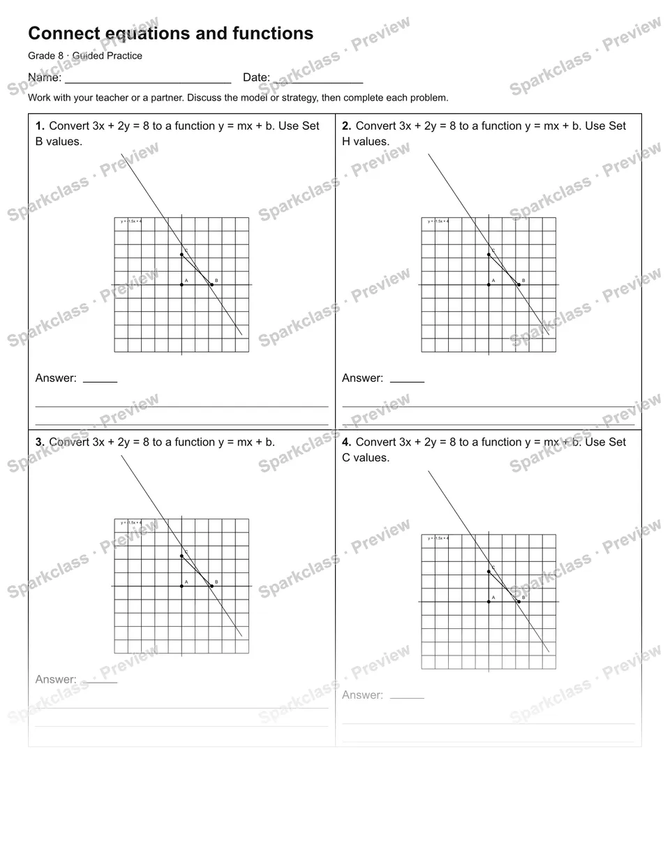 Connect equations and functions — Guided Practice — Grade 8 worksheet preview