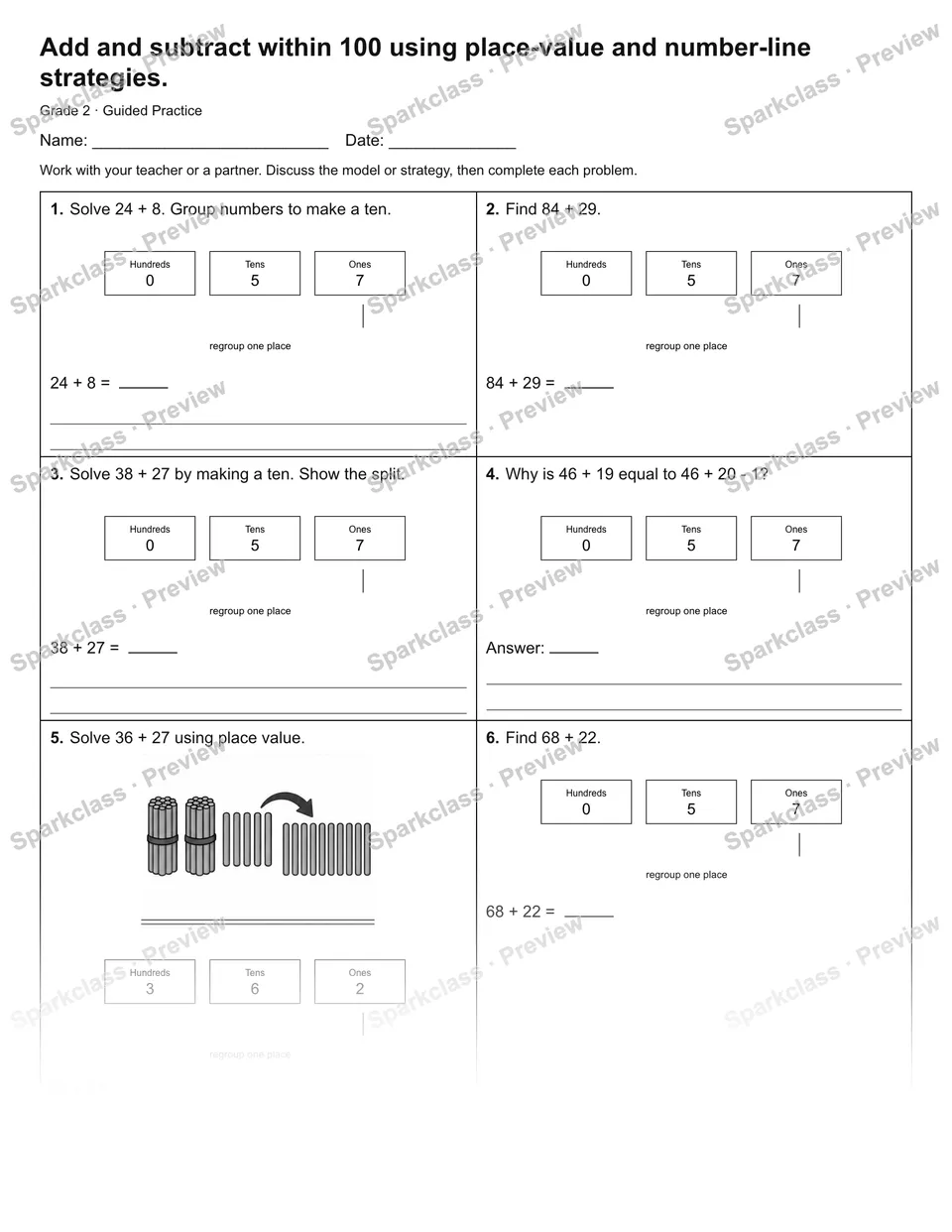 Add and subtract within 100 using place-value and number-line strategies. — Guided Practice — Grade 2 worksheet preview