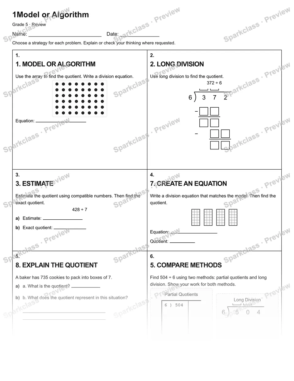 1Model or Algorithm — Review — Grade 5 worksheet preview