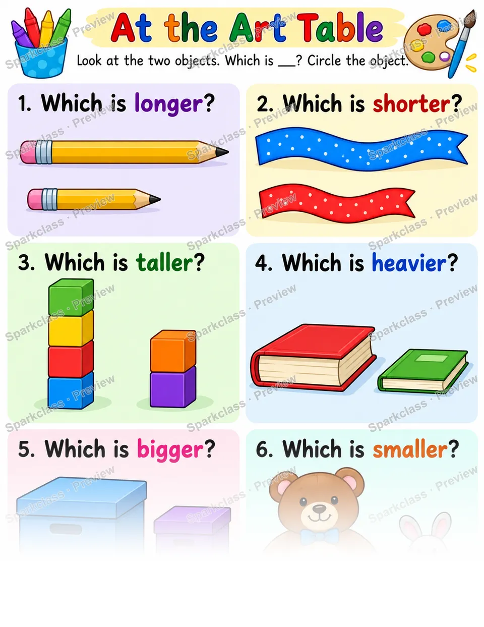 Basic Compare Attributes · Art Table — Kindergarten worksheet preview
