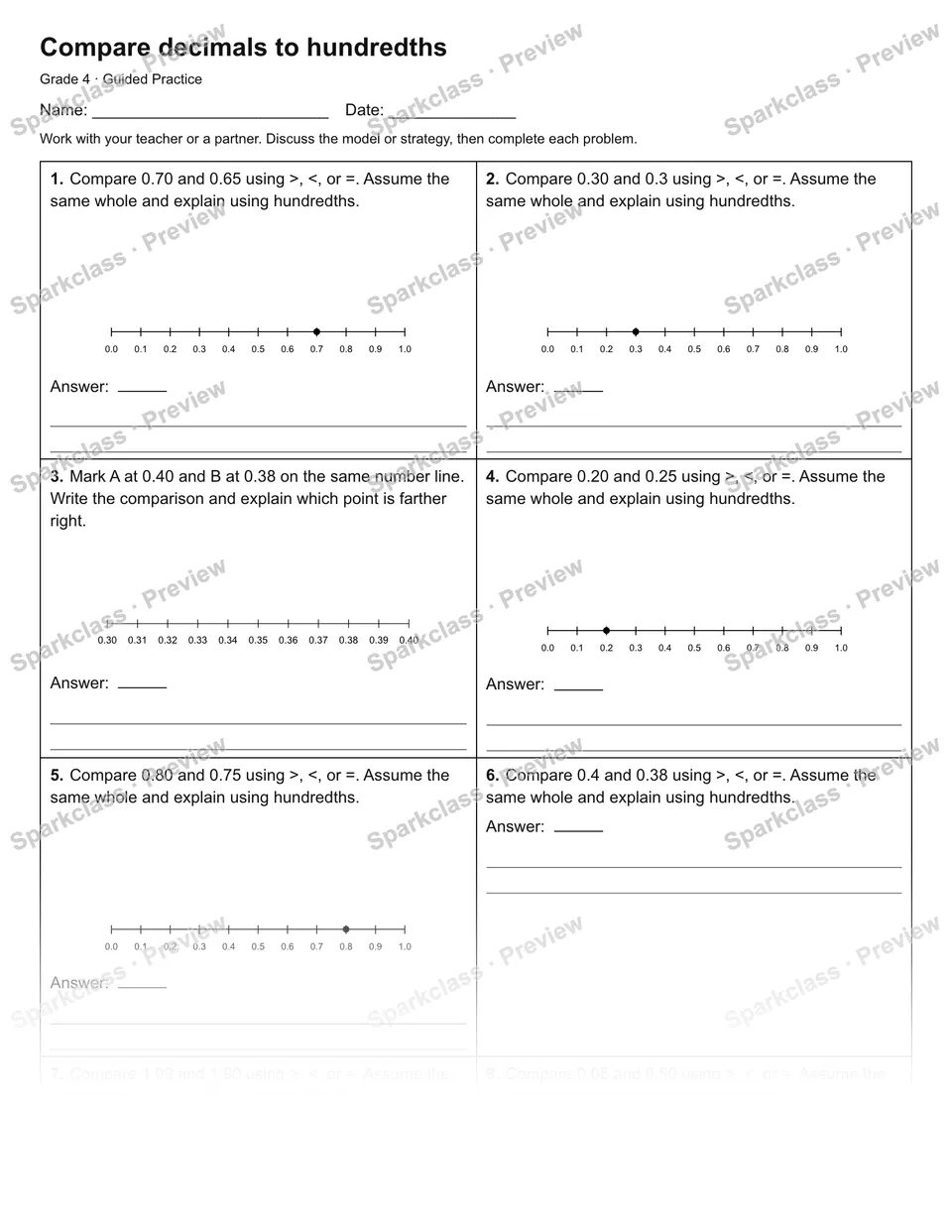 Compare decimals to hundredths — Guided Practice — Grade 4 worksheet preview