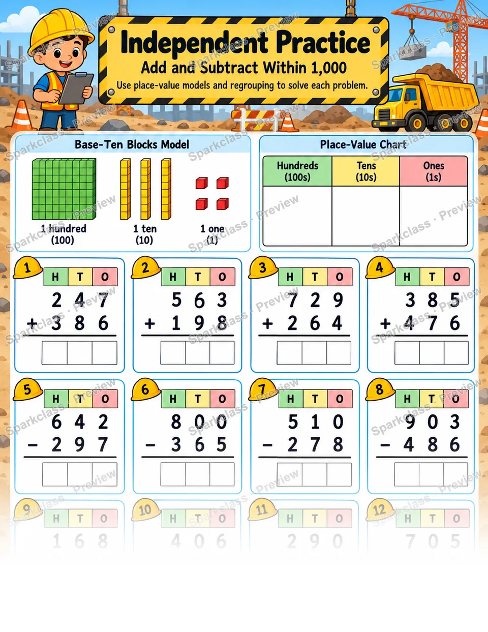 Construction Site · Three-Digit Addition and Subtraction — Grade 2 worksheet preview
