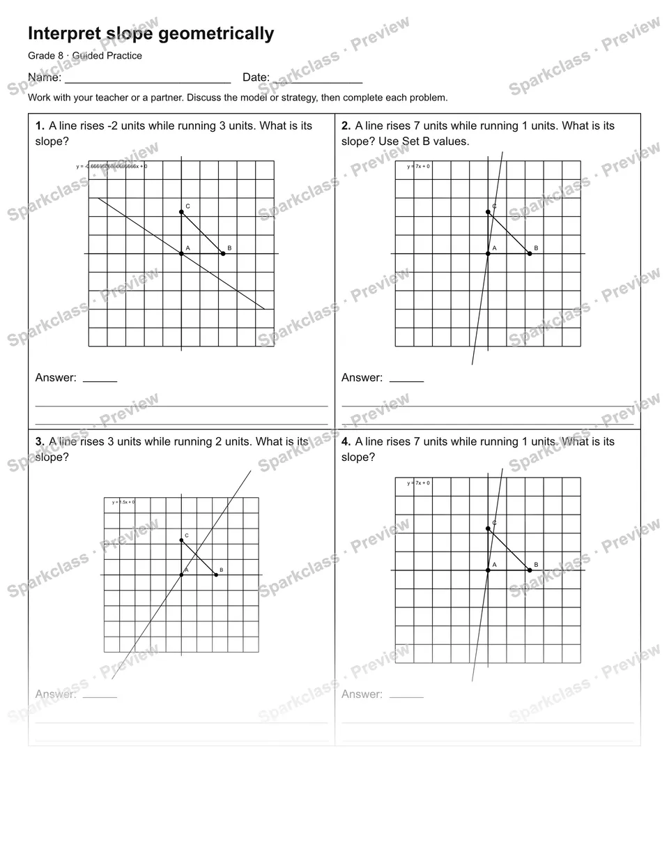 Interpret slope geometrically — Guided Practice — Grade 8 worksheet preview
