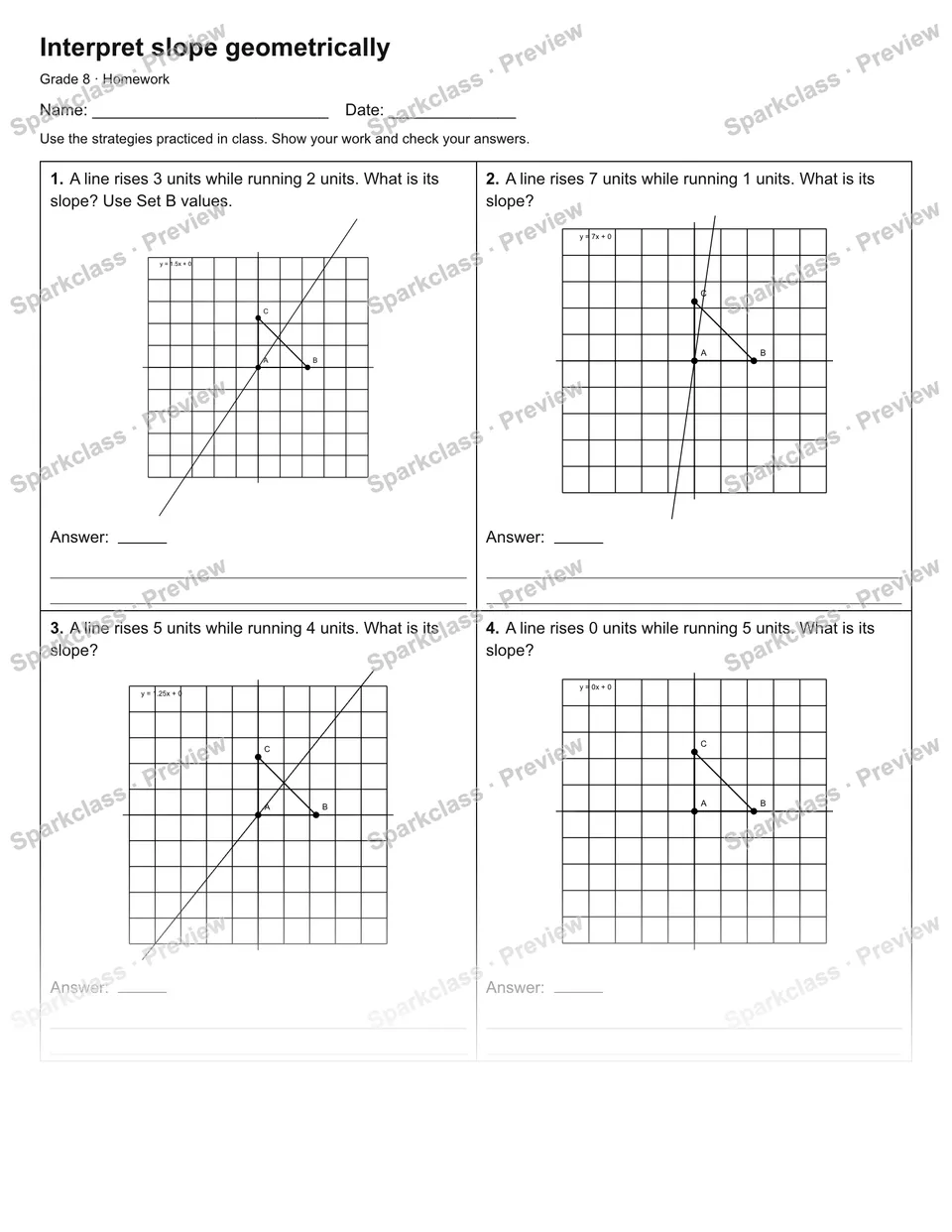 Interpret slope geometrically — Homework — Grade 8 worksheet preview