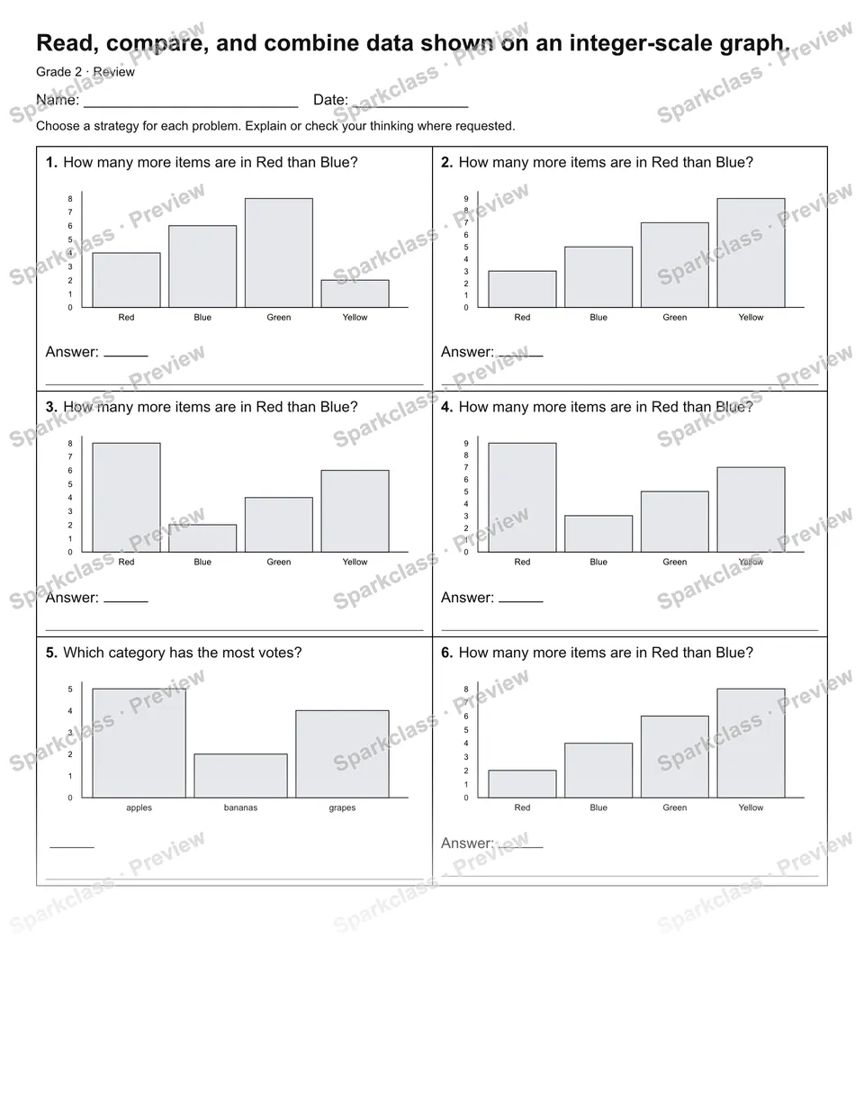 Read, compare, and combine data shown on an integer-scale graph. — Review — Grade 2 worksheet preview