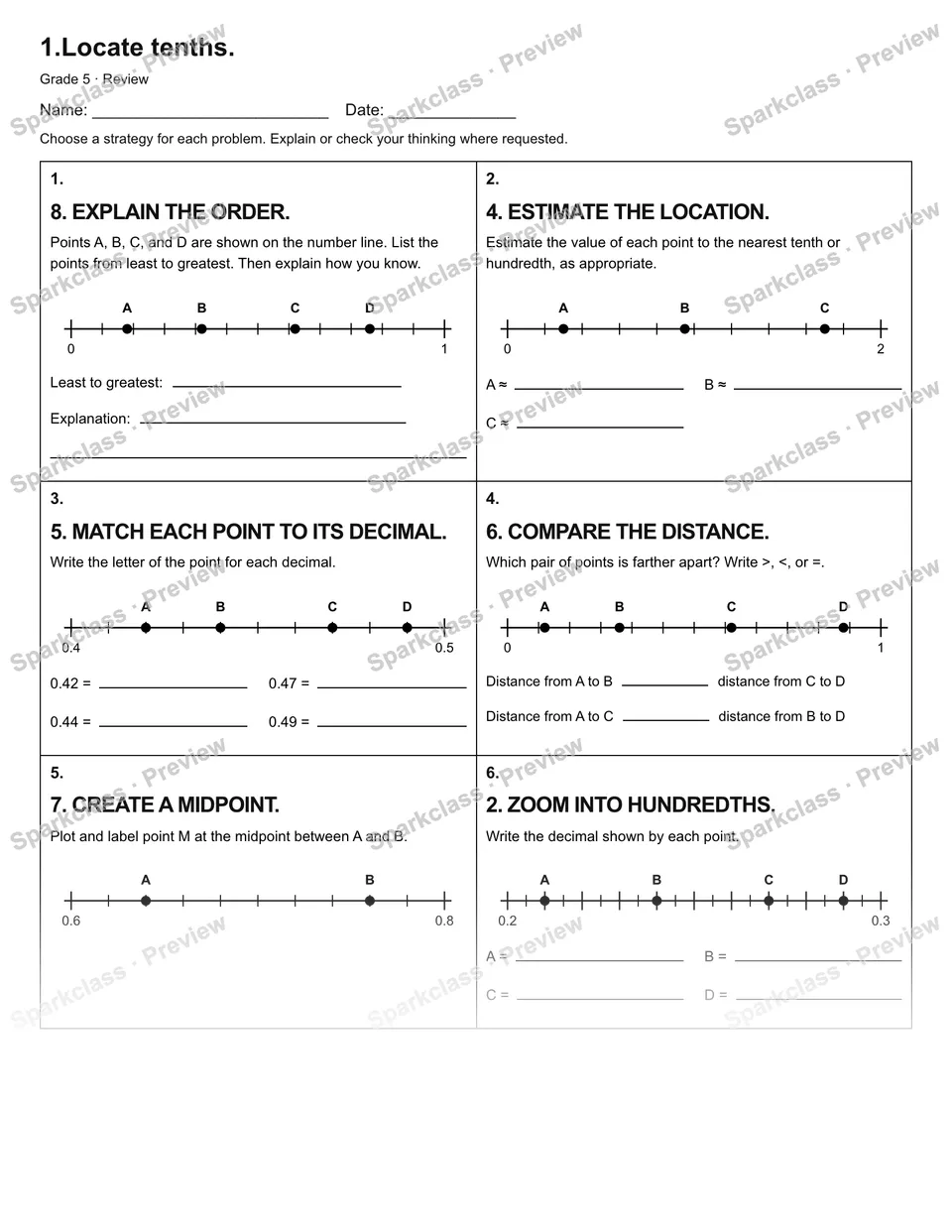 1.Locate tenths. — Review — Grade 5 worksheet preview