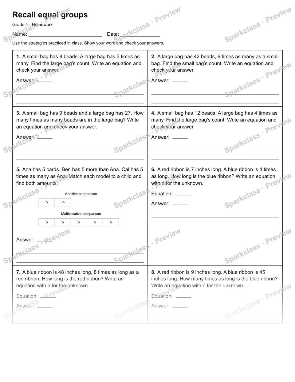 Recall equal groups — Homework — Grade 4 worksheet preview