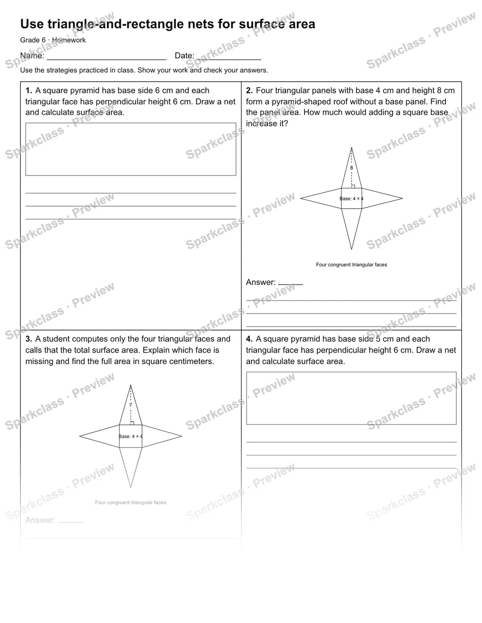 Use triangle-and-rectangle nets for surface area — Homework — Grade 6 worksheet preview