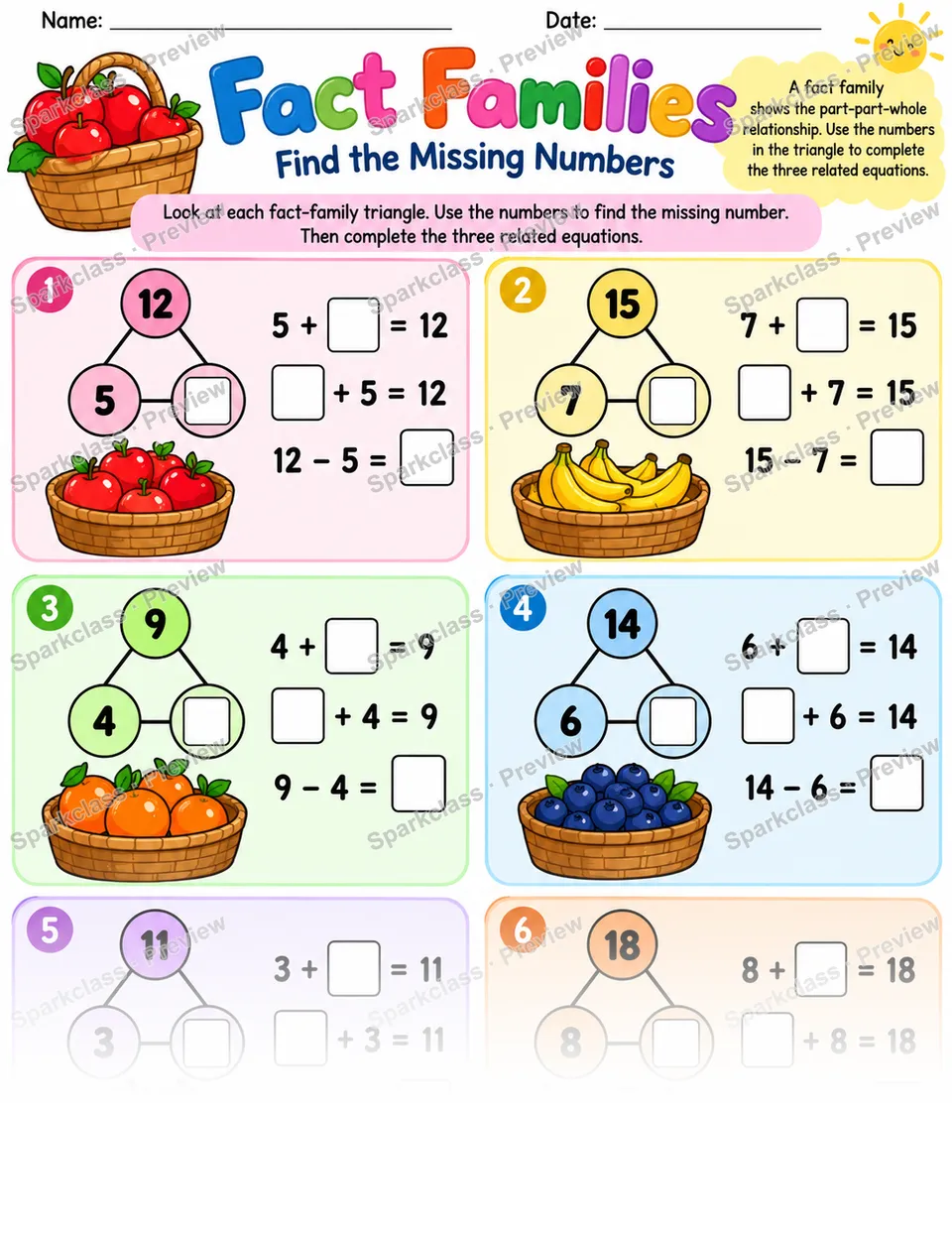 Fact Family Unknown — Grade 1 worksheet preview